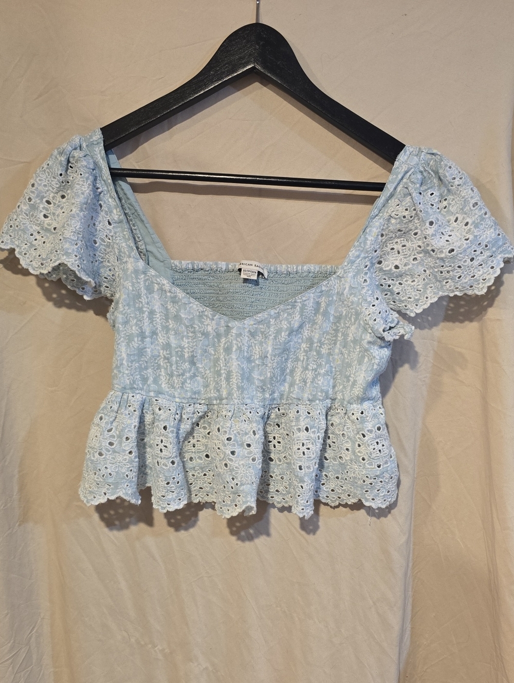 American Eagle Outfitters Light Blue Eyelet Peplum Crop Top